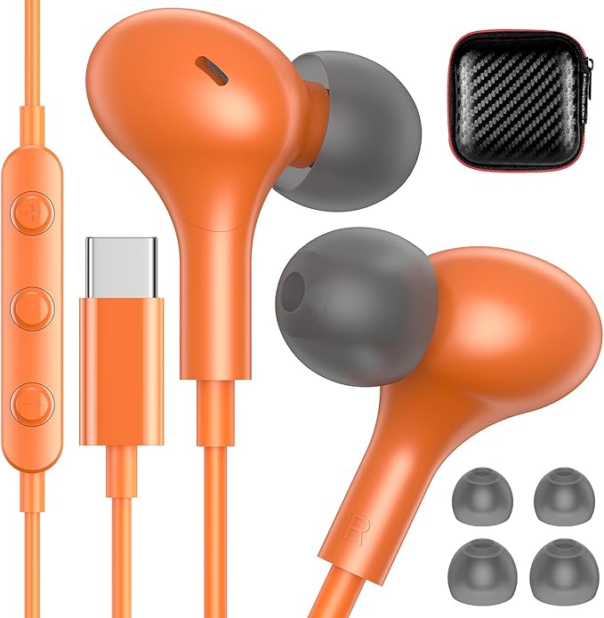 iMangoo for Apple USB C Wired Headphones, Hi-Fi Sound Corded Earbuds, Ergonomic Small in Ear Buds for iPhone 17 Pro Max/17e/16 Plus/16e/15, for Samsung S26/S25 Ultra/for Pixel Type C Earphones Orange