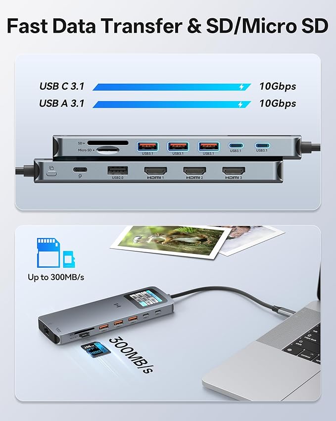 USB C Docking Station 3 HDMI, Selore 13-in-1 Laptop Docking Station with Triple 4K HDMI, Smart Display, 2.5G Ethernet, 100W PD, 10Gbps USB A/C 3.1, SD/microSD Card Reader for Dell/HP/Lenovo Laptops