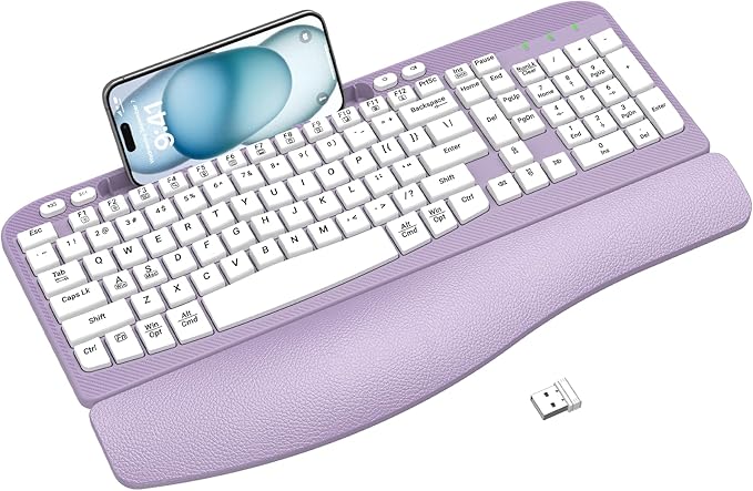 Ergonomic Wireless Keyboard with Cushioned Wrist Rest, Wave Keys, Phone Holder, Comfortable Natural Typing, 2.4GHz Full Size Cordless USB Computer Keyboard for Windows, Mac OS, Laptop, PC (Purple)