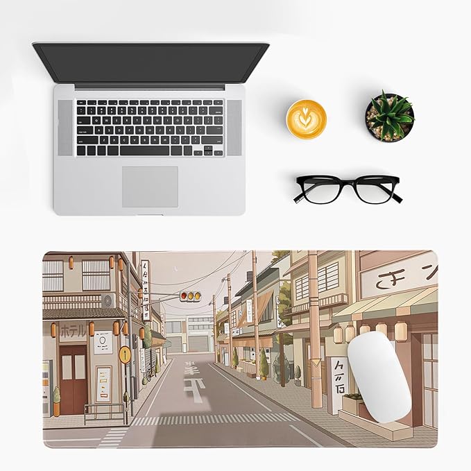 Tokyo Street Mouse Pad Anime Japanese Desk Mat Kawaii Large Gaming Mousepad XL Beige Cute Mousepad Gaming Non-Slip Rubber Base Stitched Edges Keyboard Mouse Mat Desk Pad for Office Home and Game