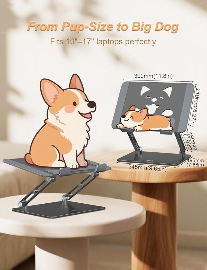 Aoviho Laptop Stand for Desk-Adjustable, Foldable, Portable, Ergonomic Aluminum Notebook Riser with Unique Puppy Cooling Vent, Desk Gift for 10"-17.3" Devices Mac, Dell, HP, Lenovo, Samsung, Gray