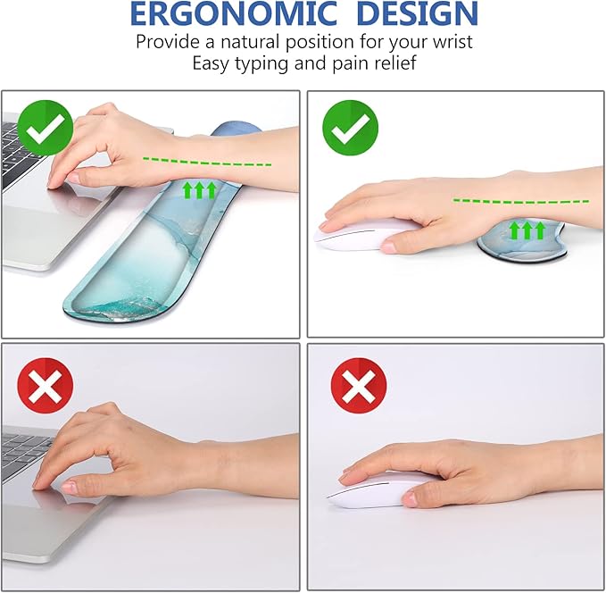 DINKY Keyboard Mouse Pad Set, Large Gaming Mousepad + Memory Foam Ergonomic Keyboard Wrist Rest Support, Easy Typing Pain Relief, 4Pcs (35.4" x 15.7") Extended Desk Mat-Blue Marble