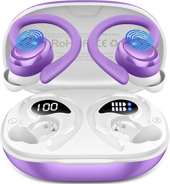 Hupoaf Wireless Earbuds Sport, 2025 Bluetooth 5.4 Headphones with Earhooks, 50H Stereo Deep Bass Over Ear Buds with 4 ENC Noise Canceling Mics, IP7 Waterproof Earphones for Running Workout Gym -Purple