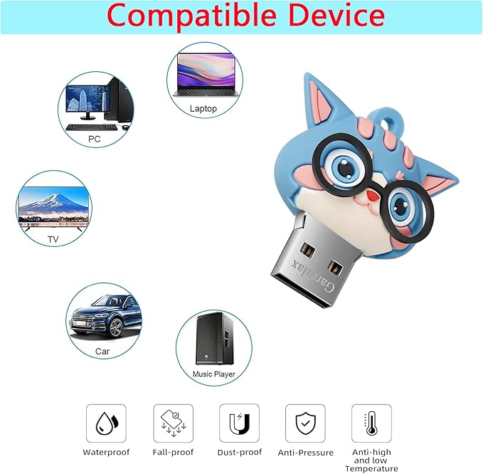 USB Flash Drives,Waterproof Silicone USB2.0 High Speed Thumb Memory Stick Pen Date Storage Pendrive U Disk (32GB,Blue Cat)