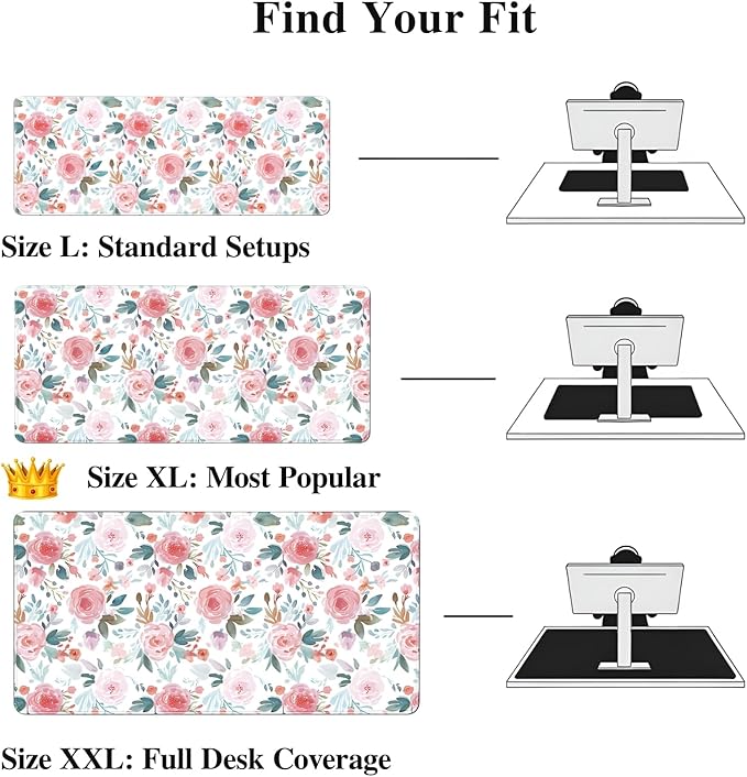 Pink Floral Mouse Pad (31.5 x 11.8 Inch), Large Watercolor Rose Desk Mat, Cute Botanical Pattern with Teal Leaves, Non-Slip Laptop Base, Spring Office Decor