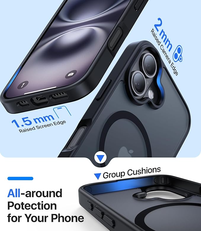 Magnetic for iPhone 16 Case, [Compatible with MagSafe][Military-Grade Drop Protection][Anti-Yellowing] Shockproof Protective Translucent Matte Cover for iPhone 16 Phone Case,Black