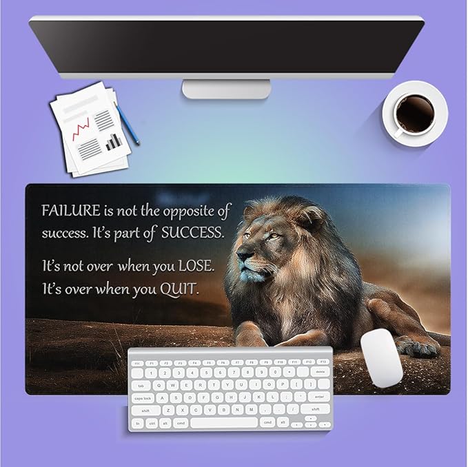 Large Gaming Extended Mouse Pad (31.5" x 15.8") - Majestic Lion at Rest Inspirational Quote About Success Motivational Words, Extra XXL Office Accessories, Premium Stitched Anti-Slip Desk Mat