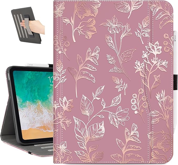for iPad (A16) 11Th/10Th Generation Case 2025/2022, for iPad Case 11Th/10Th Generation, 10Th/11Th Gen iPadCase Cover Pencil Holder/Hand Strap/Pocket/Adjustable Stand, Gold Flower Art