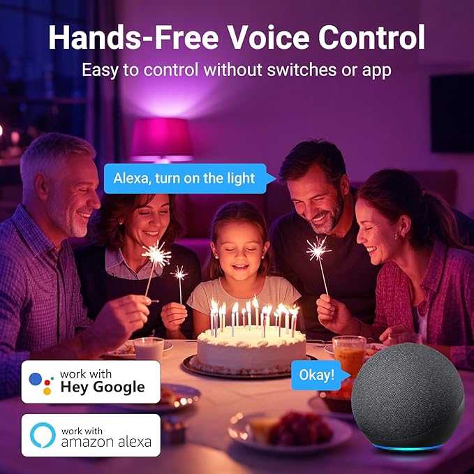 TJOY Smart Light Bulbs, WiFi LED Bulb Compatible with Alexa &Google Assistant, RGB Color Changing Alexa Bulbs, 9W(60W Equivalent), A19 E26 800LM, 2.4Ghz WiFi only,2 Pack