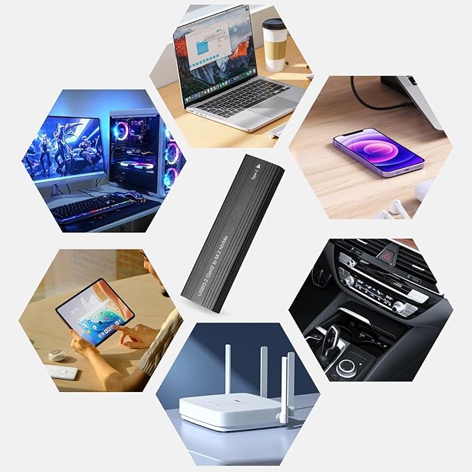 M2 SSD Enclosure, USB 3.2 to SATA Adapter, 10Gbps High-Speed Data Transfer, Tool-Free Installation, Compatible with 2230/2242/2260/2280 M.2 NVMe SSD, Aluminum Alloy Case, Portable & Durable