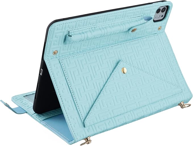 Handbag Case for iPad Pro 11" 2018-2022, iPad Air 11"/Air 4th 5th Gen, Techcircle Elegant Crossbody Folio Stand Wallet Case w/Pencil Holder, Card Slots, Hand Strap, Shoulder Strap, Baby Blue