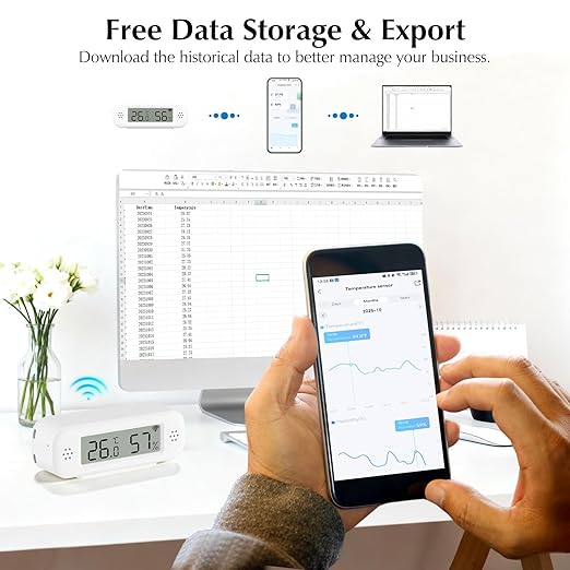 WiFi Thermometer, Humidity Meter with Smart Alert and Data Storage, Temperature and Humidity Monitor for Bedroom, Baby Room, Warehouse, Cellar, Greenhouse, White with Screen