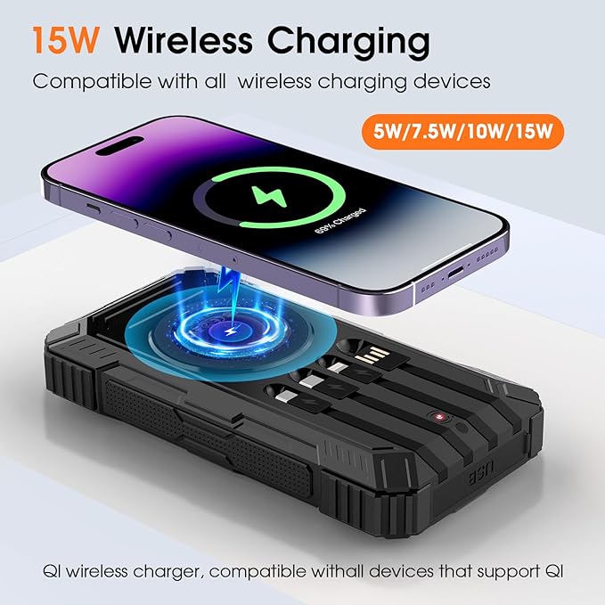 Solar Power Bank,49800mAh Wireless Portable Phone Charger with 4 Built-in Cables,22.5W Fast Charging External Battery Pack PD 3.0 USB-C In/Output for iPhone,Android,iPad,Perfect for Camping/Hiking