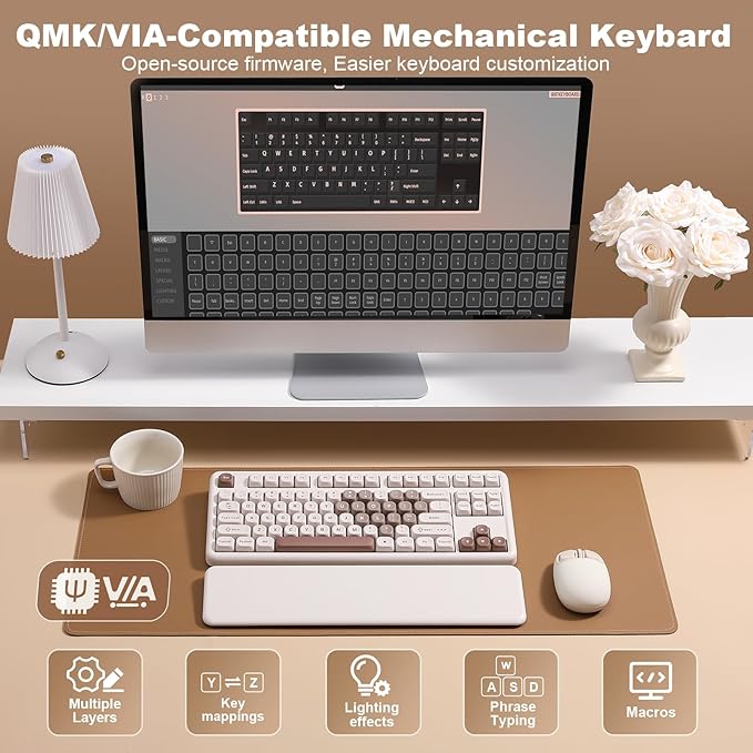 YUNZII B87 Wireless Mechanical Keyboard,QMK/VIA Programmable,TKL Layout 87 Keys,BT/2.4G/USB-C,Hot Swap Gasket Mount RGB Backlit Gaming with Wrist Rest for Win/Mac (Brown Heart, Milk V2)