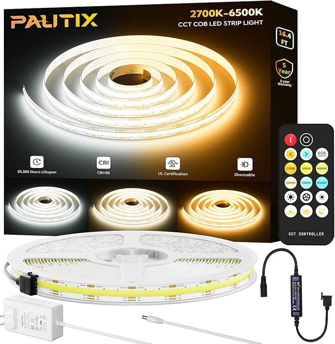 PAUTIX COB LED Strip Lights 2700K-6500K CCT Tunable White UL-Listed Dotless LED Lights with RF Remote,16.4ft Super Bright Dimmable 24V Tape Light,for Under Cabinets Bedroom Kitchen Office Lighting