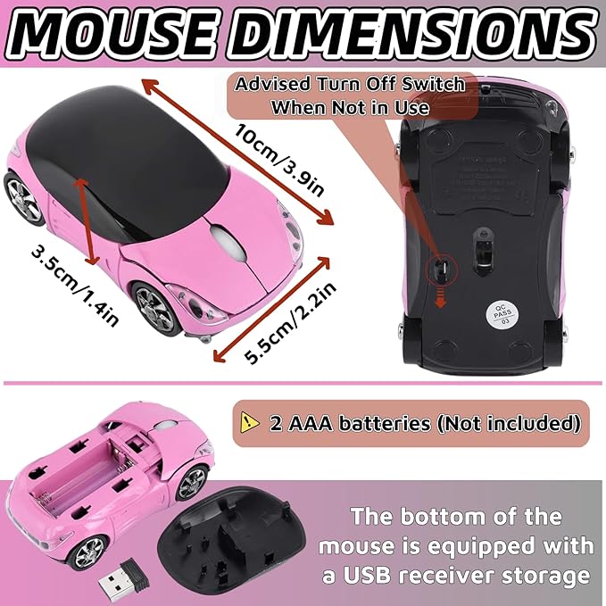 Pink Wireless Mouse，Mini Car Computer Mouse，1600DPI 2.4G Wireless with USB Receiver Wirelesss Car Mouses for Computer for PC, Laptop, Tablet Win XP/Vista/7/ME/2000/Mac OS for Womens Office Girls Gift