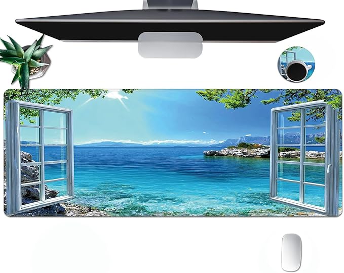 Large Mouse Pad, Desk Mat, XL Gaming Keyboard Mat, Non-Slip Rubber Base, Full Extended Mousepad for Gaming Office Home, 31.5 X 11.8 Inch, Seaside Scene