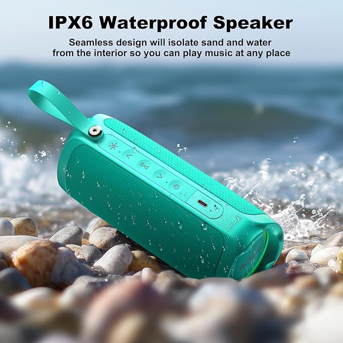 Bobtot Portable Bluetooth Speaker, IPX6 Waterproof Speaker with Punchy Bass, 15W Loud Sound, RGB, 15H Playtime, Dual Pairing for Party, Camping, Beach, Teal