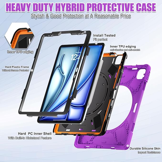 SCSVPN Case for iPad Air 13 inch M4 2026/ M3 2025/ M2 2024 & iPad Pro 12.9'' Case 6th/5th/4th/3rd Gen 2022 2021 2020 2018, Protective Cover with Pencil Holder, Stand, Handle, Shoulder Strap, Purple