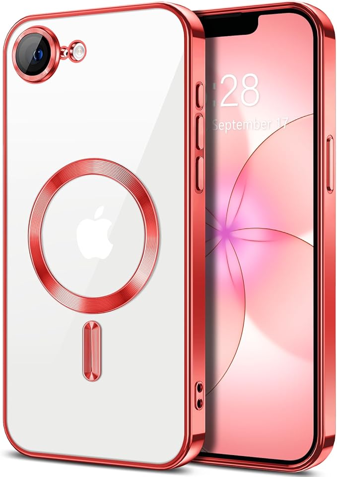 Hython Magnetic Clear for iPhone 17e Case with Camera Lens Protector [Compatible with MagSafe] Luxury Plating Edge Slim Soft TPU Cover Protective Phone Case for iPhone 17e 6.1", Red
