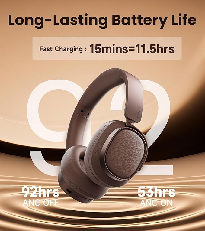 Edifier ES850NB Active Noise Cancelling Headphones, Over Ear Bluetooth Headset, 92H Playtime Wired & Wireless Hi-Res Audio Certified, Fast Charging Clear Calls for Home Office Travel - Brown