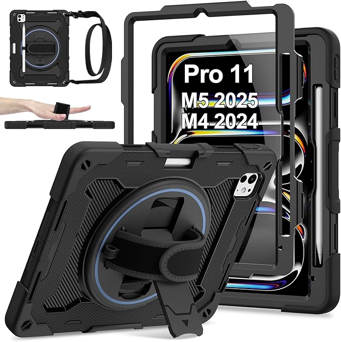 iPad Pro 11 Inch Case M5 2025/M4 2024, Heavy Duty Shockproof Protective Case with Screen Protector, 360° Rotating Stand Hand Strap Shoulder Strap Kids Cover Apple Pencil Holder