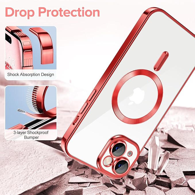Hython Magnetic Clear for iPhone 15 Case with Camera Lens Protector [Compatible with MagSafe] Luxury Plating Edge Slim Soft TPU Cover Protective Phone Case for iPhone 15 6.1", Red