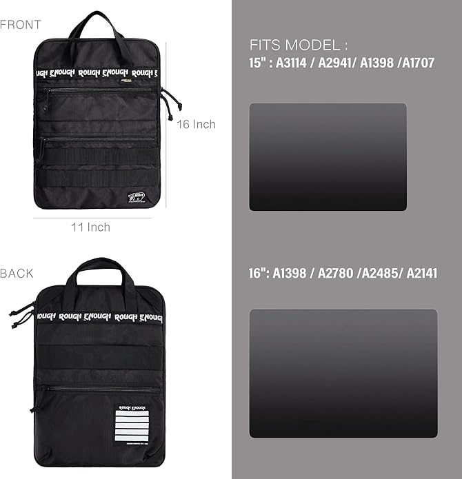 Rough Enough 16 Inch Laptop Sleeve Case Bag for Dual Tablet Storage with Accessory Pocket Handle Shoulder Strap Outdoor Travel Tactical Cordura Black