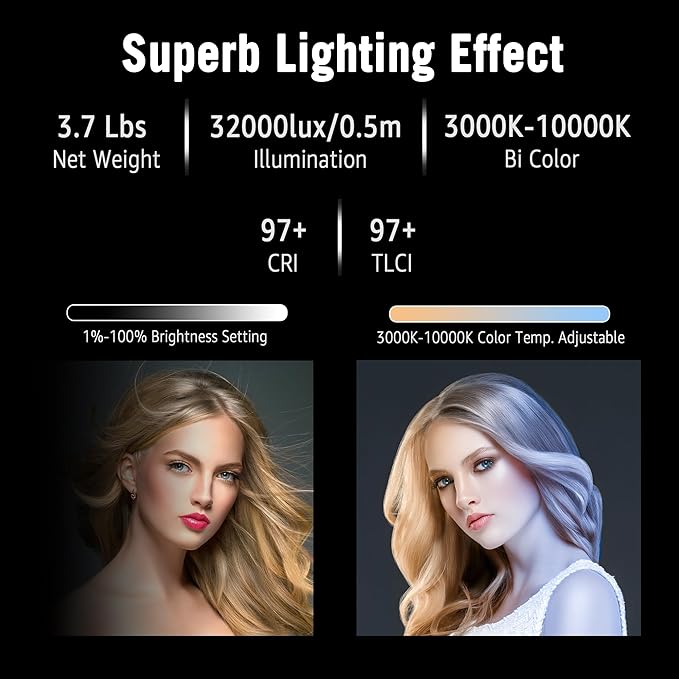 NiceVeedi 125W RGB Professional Cob Video Light with Bowens Mount, 3000K-10000K Studio Light with IR Remote Control, CRI 97+, 9 Effects Continuous Lighting for Video Recording/Photography/Filmmaking