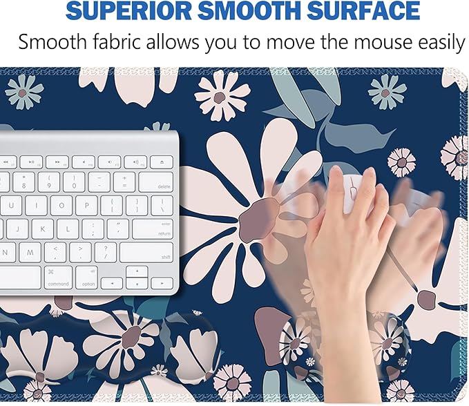 ARTSO Keyboard Mouse Pad Set, Blue Flower Large Gaming Mousepad +Keyboard Wrist Rest +Mouse Wrist Rest +Coaster, Ergonomic Mousepad Memory Foam Cushion for Home Office