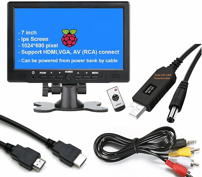 7 inch Small HDMI VGA AV RCA Monitor 1080P Second Screen for PC/Security System/Game Console; IPS 1024X600 Pixels; 60HZ; Built in Loud Speakers & Earphone Jack; 12V USB Power Cable for Portable Use