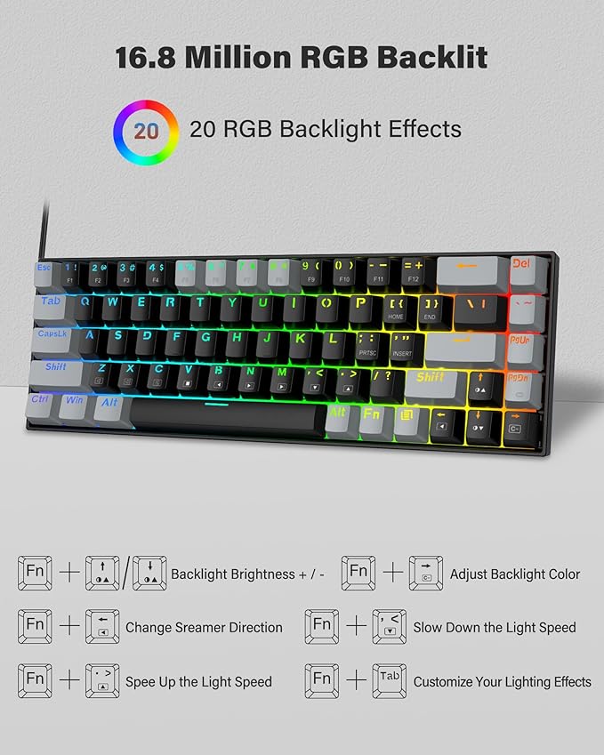 XUANGUI Full RGB Backlit Mechanical Keyboard Clicky Wired Computer Key Board, 65% Cute PC Gaming Keyboards Hot Swappable Rainbow Colorful Light Up Leyboard for Typist and Gamer, Work with Mac PS5 Xbox