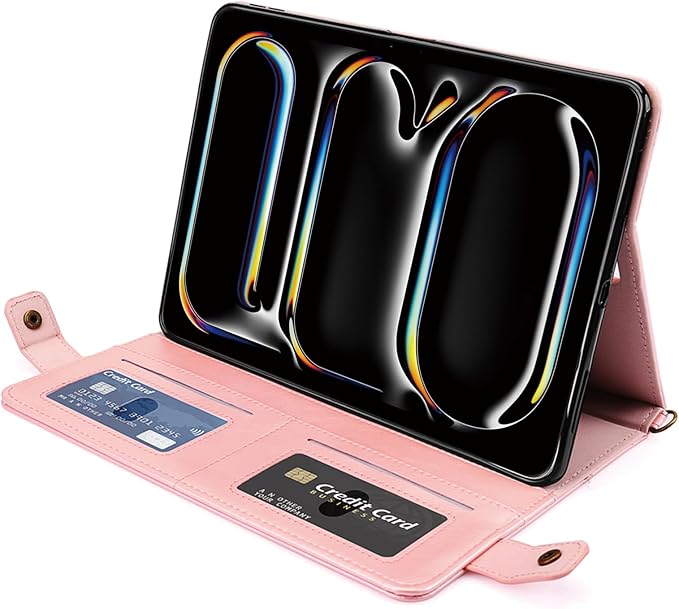 Case for iPad Pro 11" M5 M4 (2025/2024), Techcircle Smart Folio Stand PU Leather Cover w/Hand Strap/Pencil Holder/Card Slots/Envelope Pocket Wallet Case, Rose Gold