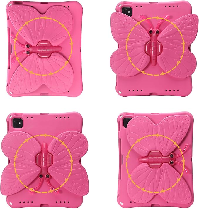 Butterfly Kids Case for iPad Air 13 Inch M3/M2 (2025/2024), iPad Pro 13 (M4) 2024, iPad Pro 12.9 (2022/2021/2020/2018), 3D Cartoon EVA Foam Shockproof Stand Cover for Girls - Magenta