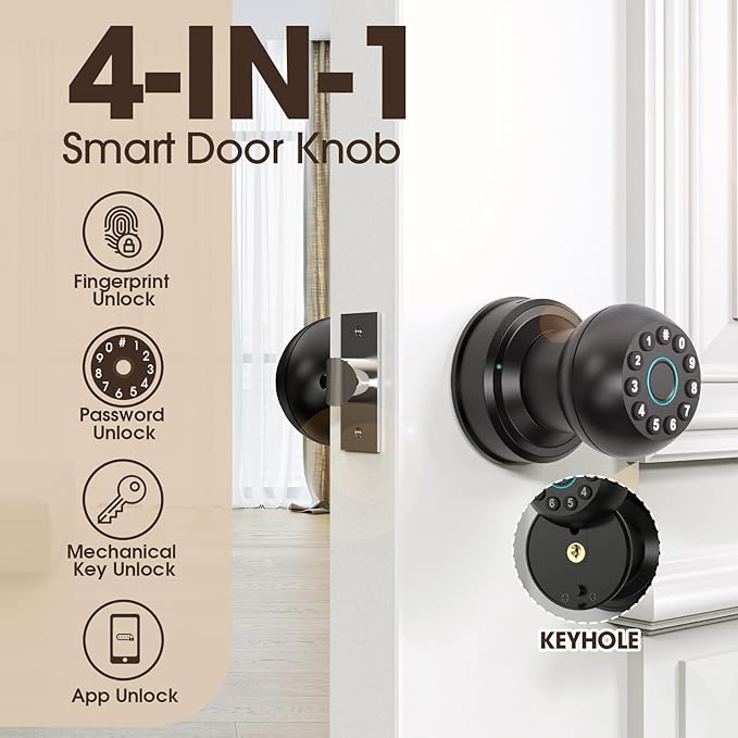 Fingerprint Door Lock, Smart Fingerprint Door Knob with Keypad, Biometric Door Knobs with App Control, Auto Lock Door Lock with Code, Keyless Door Knob with Locks for Bedroom, Home,Office-Matte Black