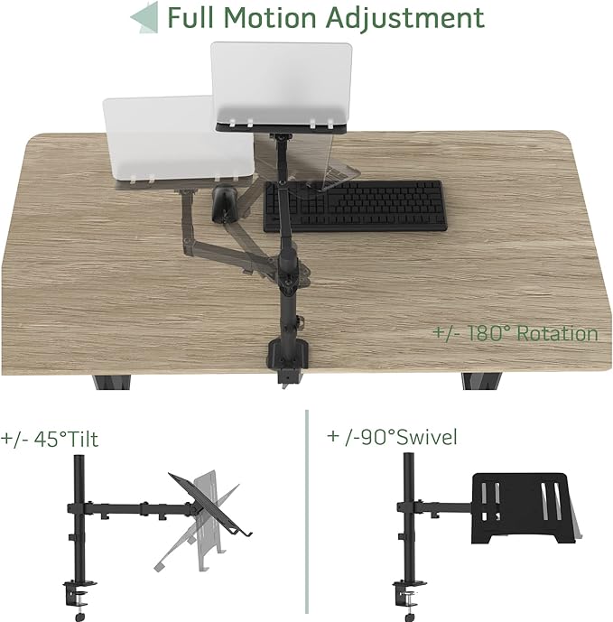 UPGRAVITY Laptop Desk Mount, Single Laptop Stand Arm with Vented Tray for 17 inch Notebook or 14”-32” Monitor, Holds up to 17.6 lbs, Fully Adjustable, Clamp/Grommet Mounting, VESA 75/100mm