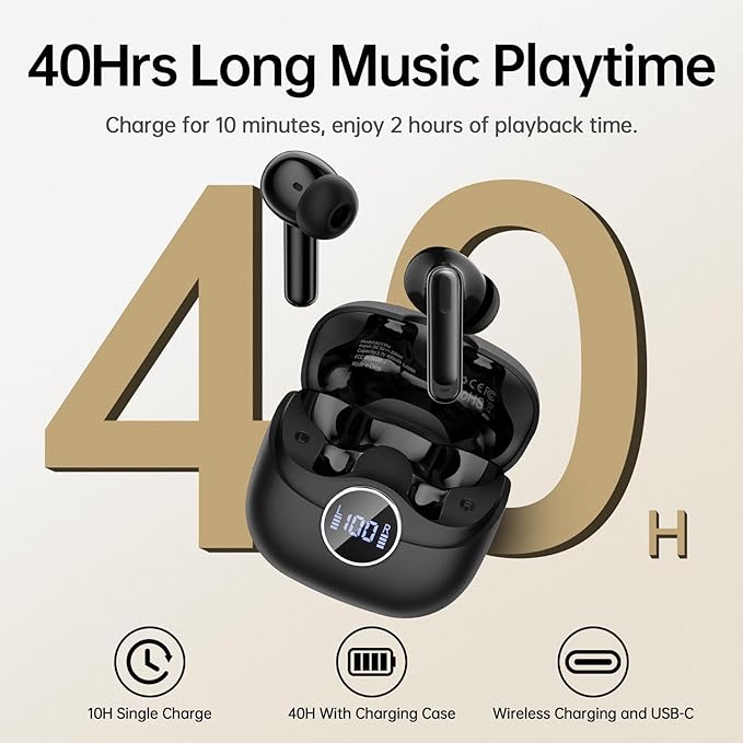 Adaptive Hybrid Active Noise Canceling 2026 Wireless Earbuds, 6 Mics ENC Clear Call Ear Buds, Hi-Res Audio Deep Bass Bluetooth 5.4 Headphones, 40H Playtime, Wireless Charging, LED, USB-C, Black