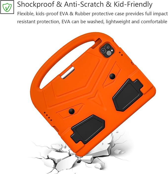 Kids Case for Apple iPad Air 11 inch M3/M2 & iPad Pro 11 inch M5/M4 (2025/2024) with Pencil Holder/Handle/Kickstand Lightweight Soft EVA Foam Shockproof Stand Girls Boys Cover, Orange Bird