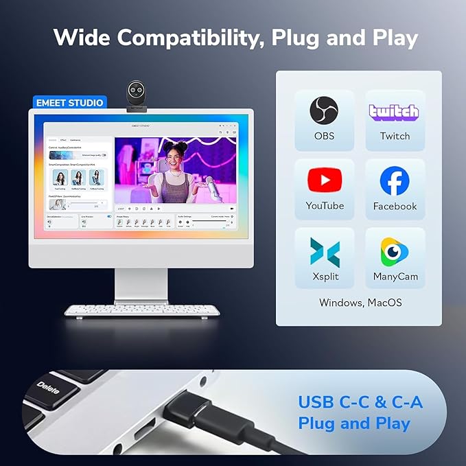 EMEET Piko+ (Piko Plus), World’s 1st Dual-Camera AI-Powered 4K Webcam, 1/2.55'' Sony Sensor, 3 Mics&3 Sound Modes, Panda Magnetic Privacy Cover, USB C-C&C-A, Ideal for Livestreamers