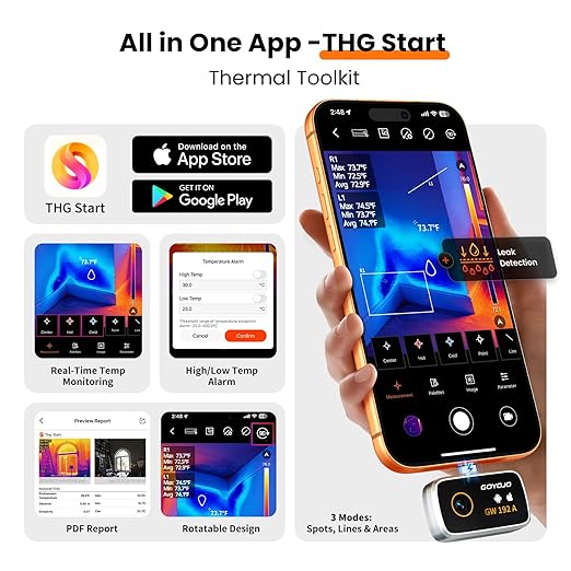 GOYOJO Thermal Imaging Camera for Android/iphone 15/16/17 iOS Series 192x192 IR Resolution– Water Leak Detection HVAC Electrical Plumbing, Automotive Repair, Home Inspection, DIY-USB-C Infrared Imager