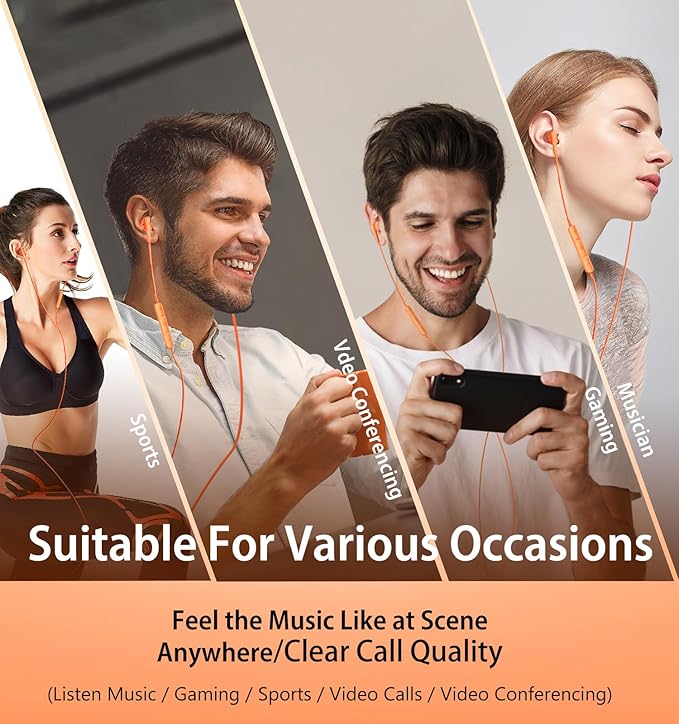 Kimwood Wired Earbuds with Microphone, Wired Earphones in-Ear Headphones HiFi Stereo, Powerful Bass and Crystal Clear Audio, Compatible with iPhone, Android, Computer Most with 3.5mm Jack(Orange)