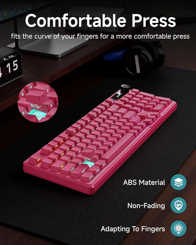 EWEADN V102 Wired Keyboard, 98 Keys Creamy Gaming Keyboard with Number Pad, Display Screen & Media Knob RGB Silent Wired Cute Computer Keyboard for Laptop PC Gamer - Dark Pink