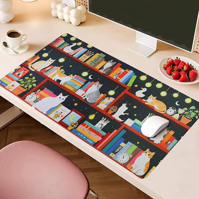 PERFECTSIGHT Cute Cat Desk Pad Kawaii Kitty Desk Mat, Large Gaming Mouse Pad, Funny Deskmat Mousepad, Anime Laptop Keyboard Pad Office Home Decor for Women Girls, Black
