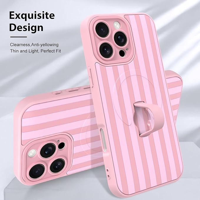 KANGHAR Compatible with iPhone 16 Pro Case, Support for MagSafe, Silicone Stripes Cute Pattern, Wristband Kickstand Camera Protection Soft Slim Cover for Girls Women -Pink