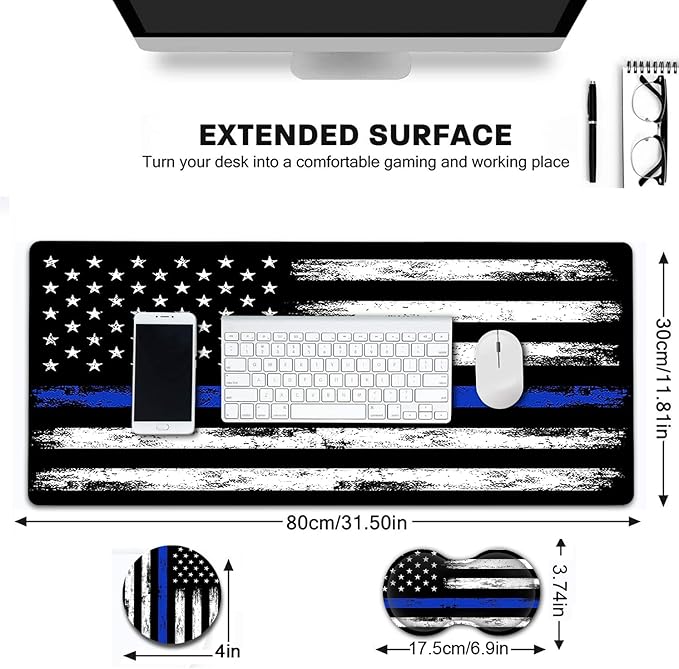 Large Gaming Mouse Pad, Extended Waterproof Desk Pad Protector (31.5" x 11.8") Ergonomics Memory Foam Mouse Wrist Rest Support, for Home Office Laptop Easy Typing, Camo American Flag Black Mouse Mat