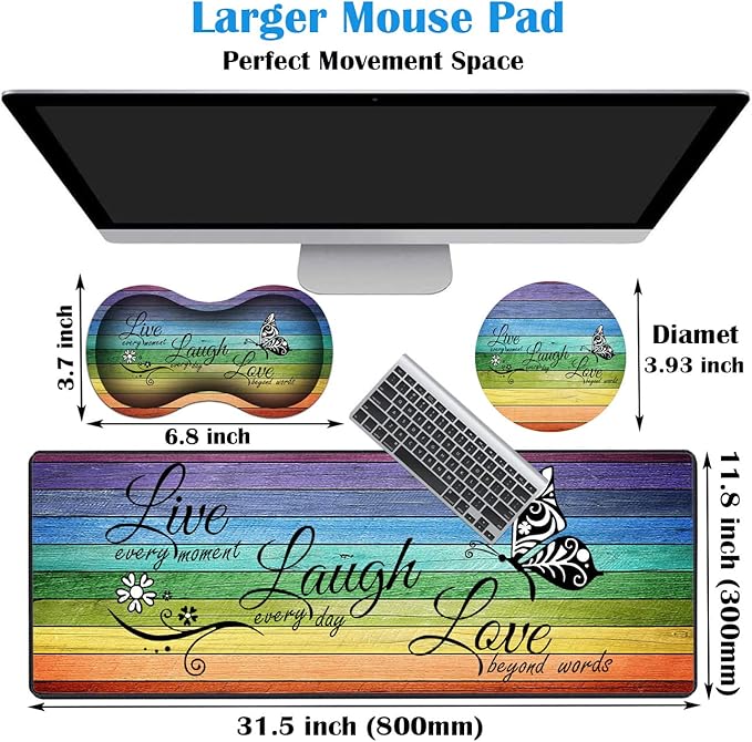3 Piece Mouse Pad Set with Stitched Edge Large Anti-Slip Mouse Pad Desk Pad Keyboard Pad + Wrist Rest Pad + Coaster, Memory Foam Wrist Rest for Office/Home, Glitter Quote Live Laugh Love