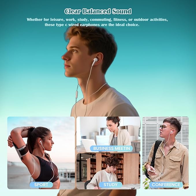 USB C Headphones for iPhone 15 16, Wired Earbuds Type C with Mic & Volume Control, In-Ear Earphones Wired USBC Ear Buds Compatible with iPhone 16/15 Pro/Pad/S25 S24 S23 S22/Pixel 7 8 9 Corded Headsets