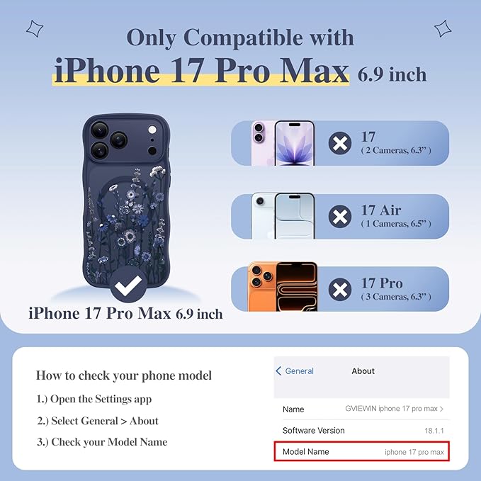 GVIEWIN for iPhone 17 Pro Max Case Compatible with MagSafe [Curly Wave Edge][Full Camera Protection] Floral Translucent Shockproof Magnetic Women Phone Case for 17 Pro Max, Floratopia/Blue