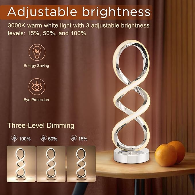 Modern Spiral RGB Table Lamp, Touch Dimmable Bedside Lamp, 7 Colors 10 Light Modes Spiral Design Table Lamp, Unique Nightstand Lamp for Living Room, Bedroom, Cool Lamps, Silver