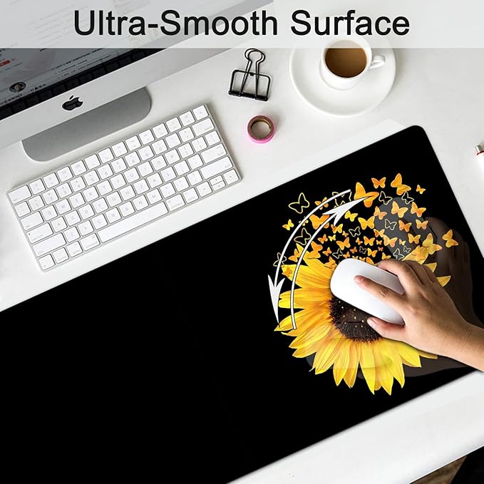 Large Gaming Mouse Pad, Extended Waterproof Desk Pad Protector (31.5" x 11.8") Ergonomics Memory Foam Mouse Wrist Rest Support, for Home Office Laptop, Sunflowers and Butterflies Black Mouse Mat
